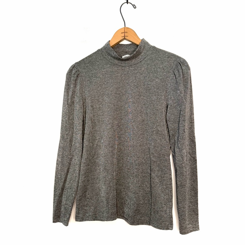 J. Crew Shimmer Lurex Top Mock Neck Puff Sleeve Size Medium Gray Silver